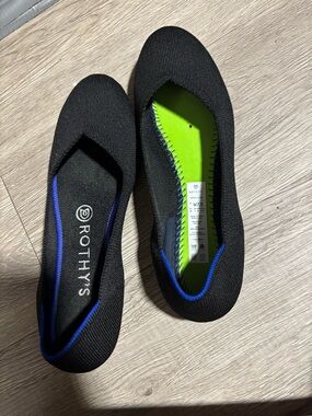 Rothy's Black Knit Ballet Flat with Blue Stitching and Lime Insole